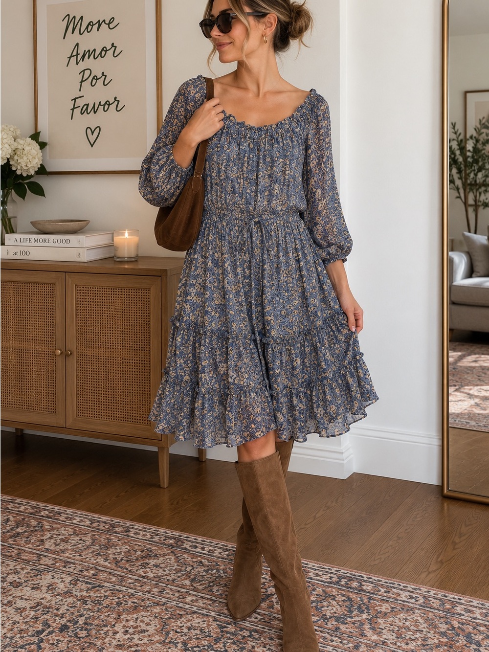 By Anthropologie Blue Floral Tiered Midi Dress Size 12